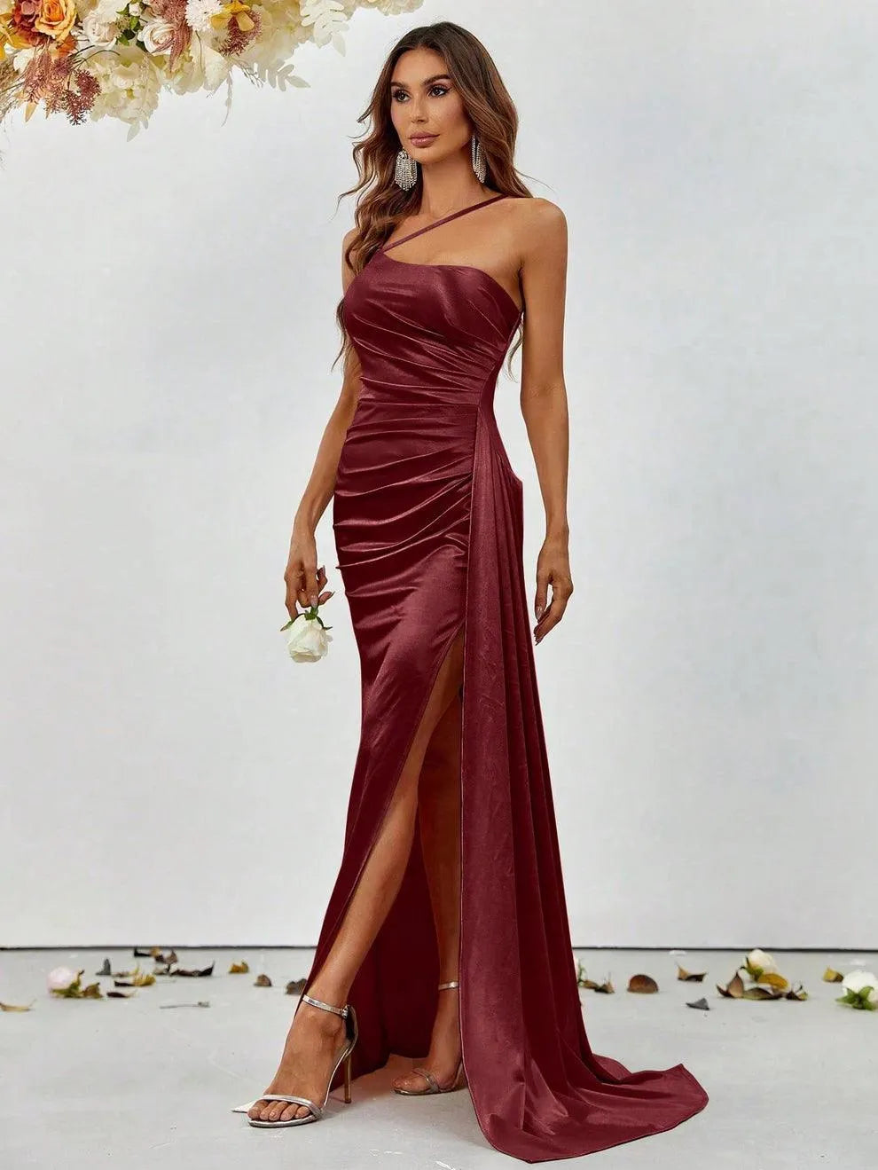 Alternate view of Asymmetrical Mermaid Hem Satin High-Slit Sleeveless Evening Gown in Burgundy