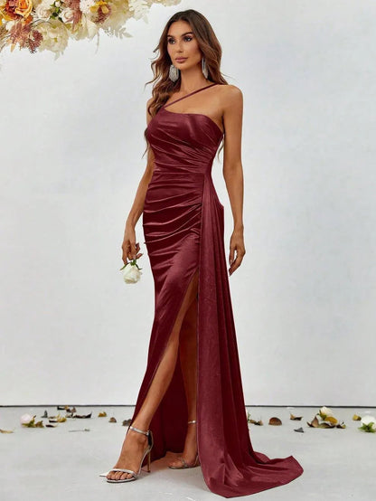 Alternate view of Asymmetrical Mermaid Hem Satin High-Slit Sleeveless Evening Gown in Burgundy