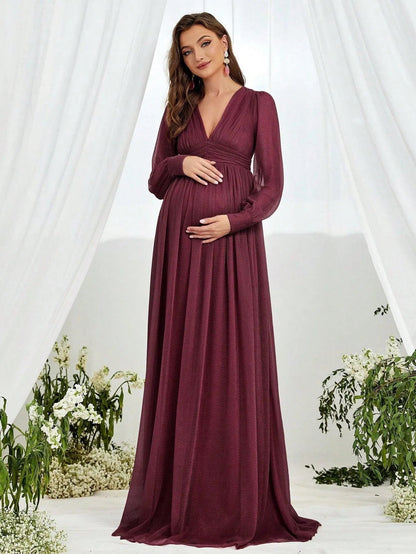 Additional product view of V-Neck Chiffon A-Line Long-Sleeve Maxi Maternity Evening Dress