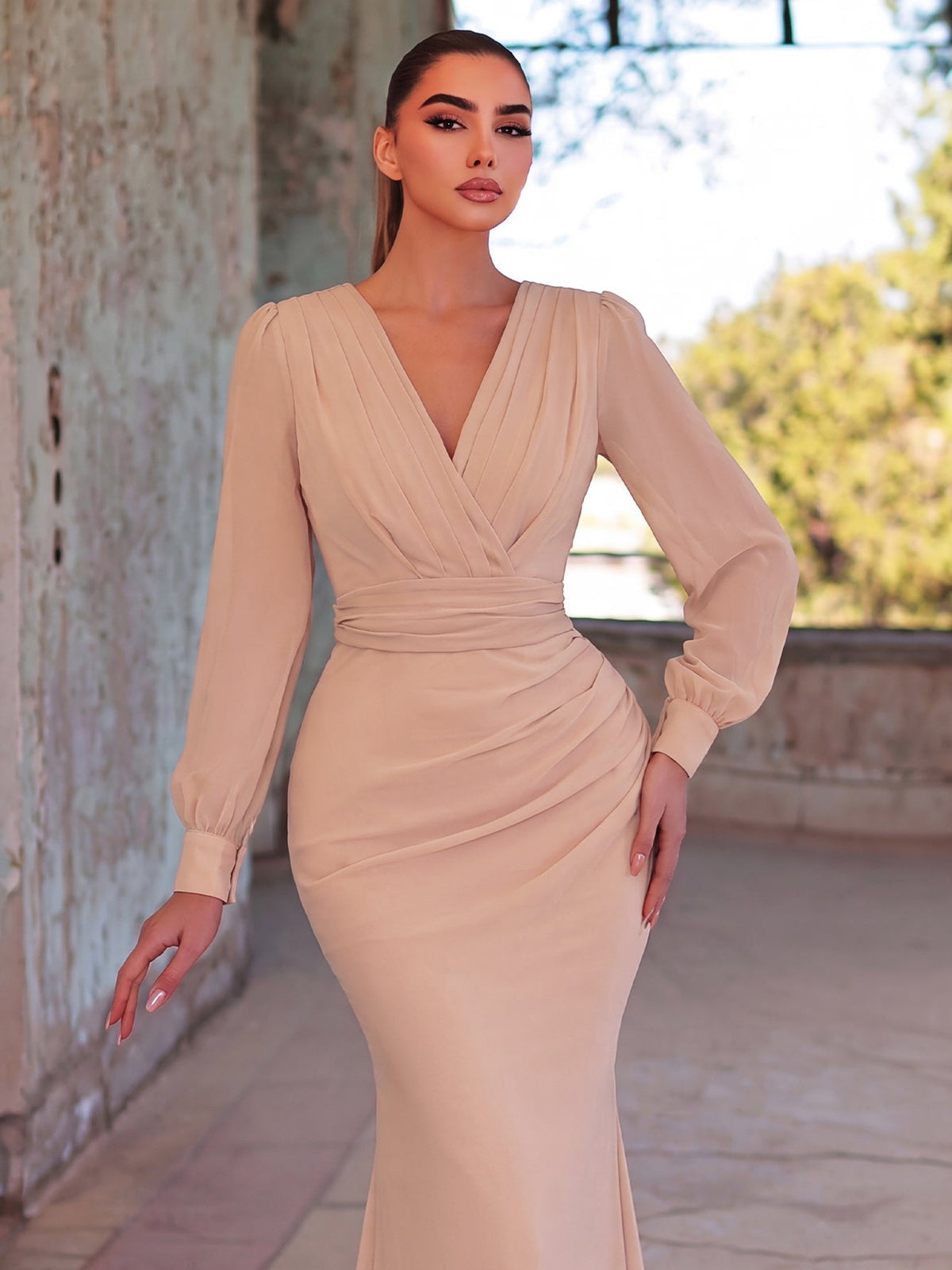Additional product view of Surplice-Neck V-Neck Chiffon Mermaid Long-Sleeve Evening Gown