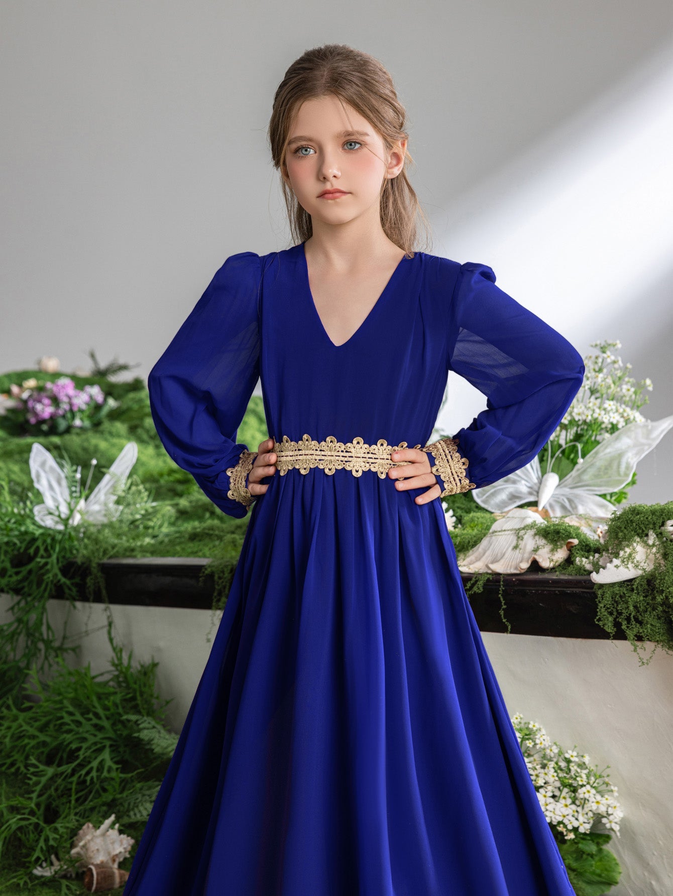 Tween Girls' Lace Trim Decoration V-neck Bishop Sleeves Chiffon Party Dress – view 18