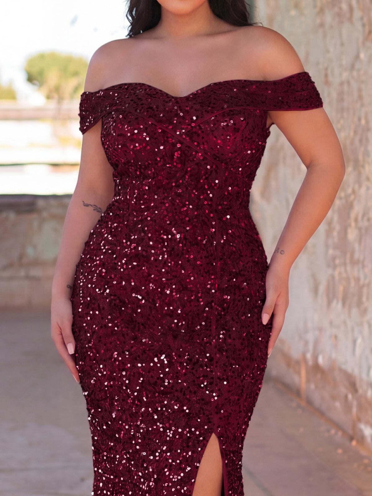 Additional product view of Plus-Size Off-Shoulder Sequin Mermaid Short-Sleeve Evening Gown
