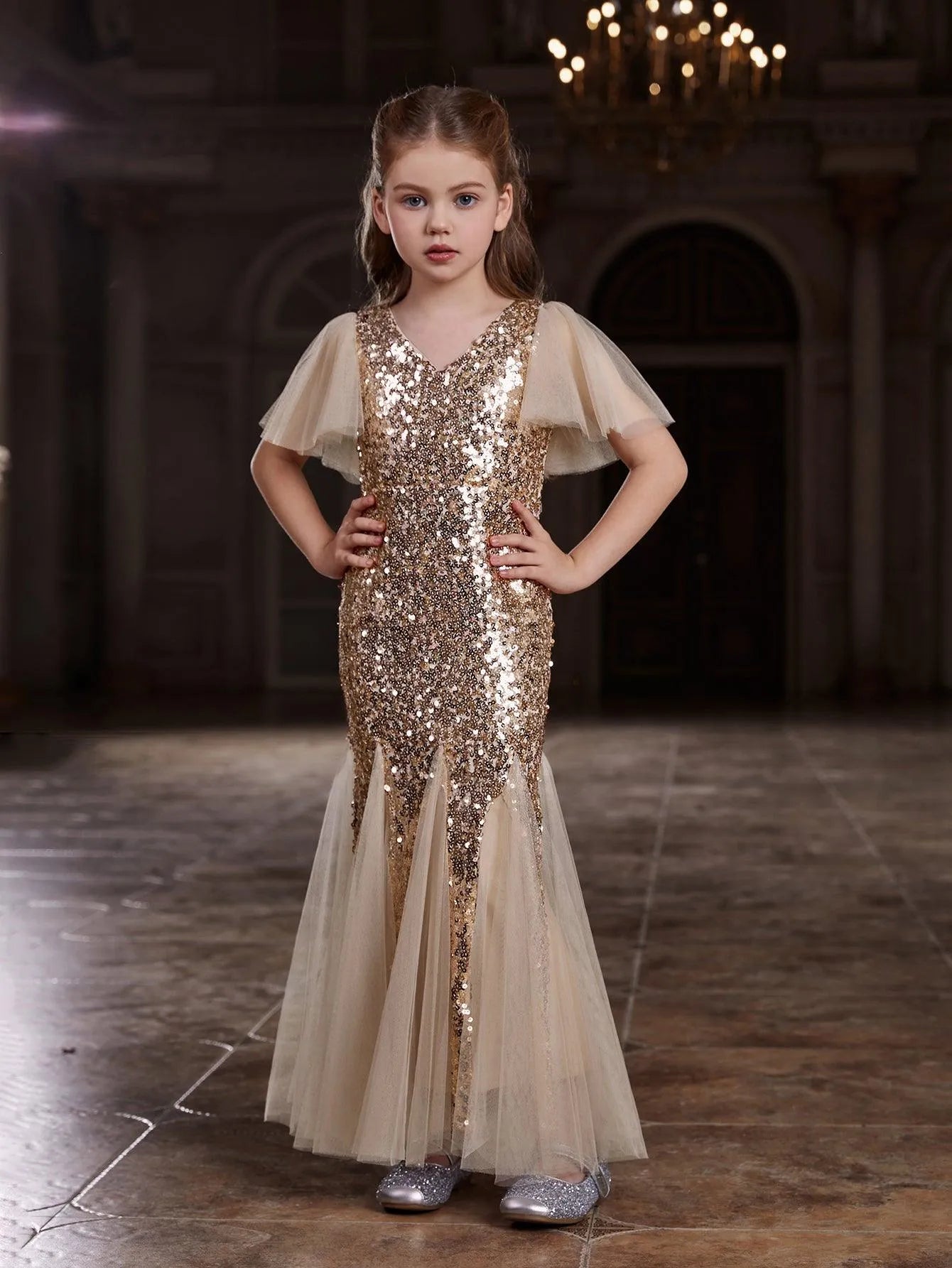 Tween Girls' Butterfly Sleeve Mesh Insert Sequin Party Dress — authorized product image 1