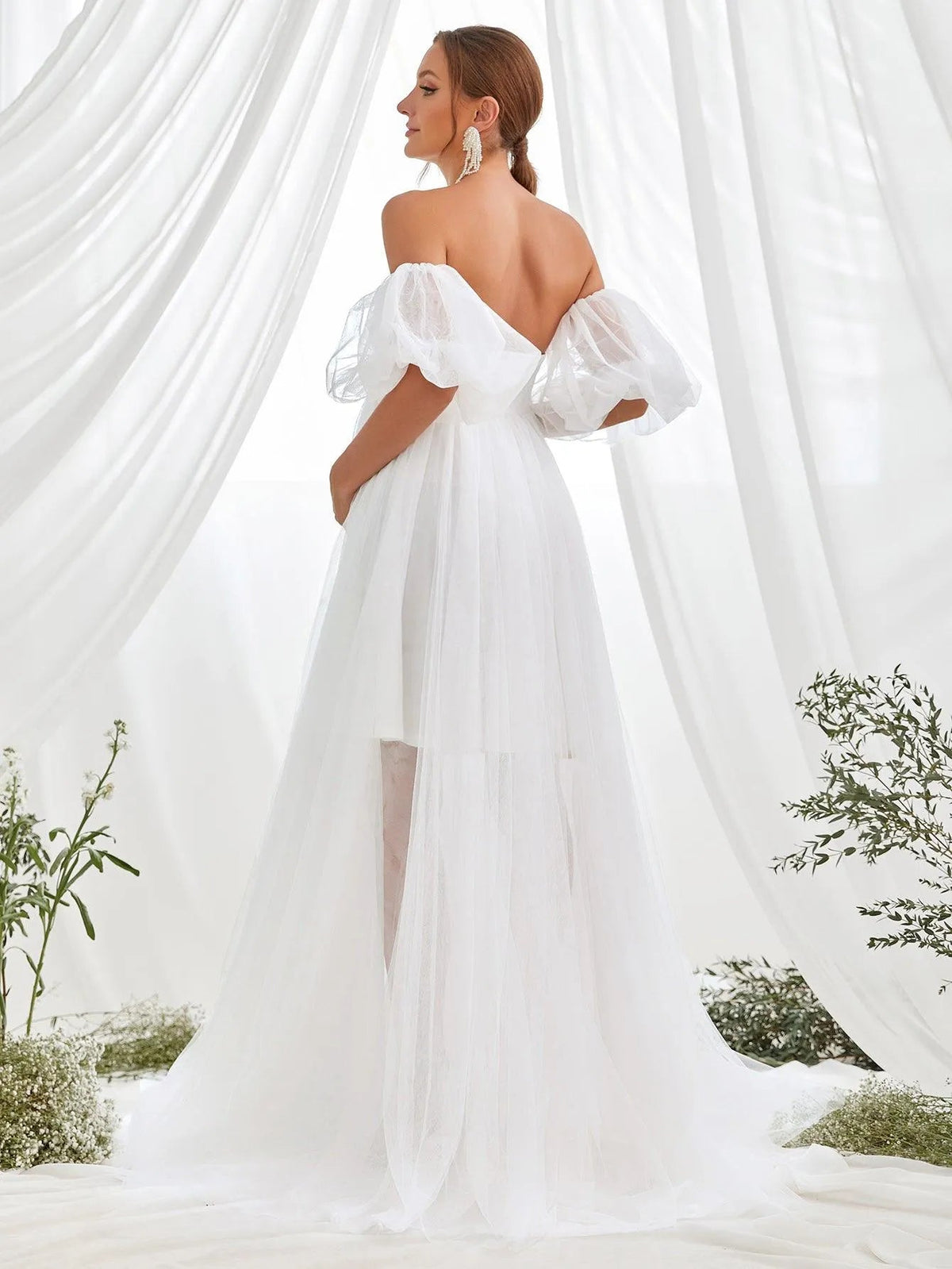 Additional product view of Mesh Overlay Puff-Sleeve Off-Shoulder A-Line Maxi Maternity Evening Dress