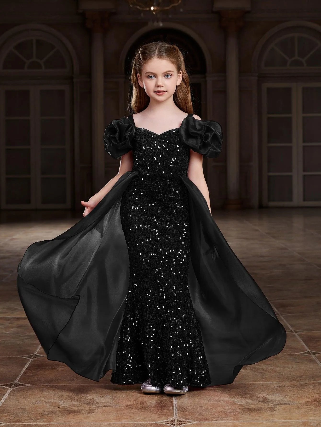 Additional product view of Mesh Overlay Sweetheart-Neck Sequin Mermaid Short-Sleeve Tween Girls' Party Dress