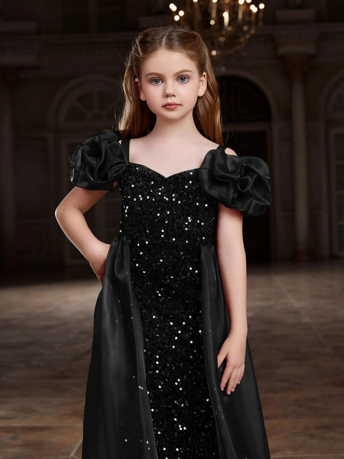 Additional product view of Mesh Overlay Sweetheart-Neck Sequin Mermaid Short-Sleeve Tween Girls' Party Dress