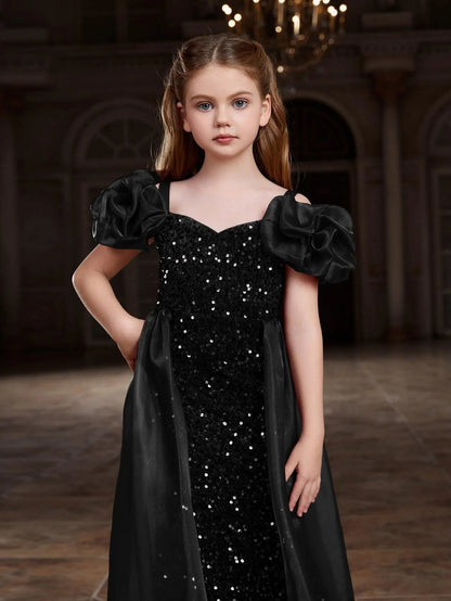 Additional product view of Mesh Overlay Sweetheart-Neck Sequin Mermaid Short-Sleeve Tween Girls' Party Dress