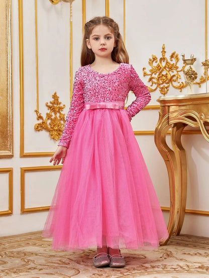Additional product view of Sequin A-Line Long-Sleeve Mesh Maxi Tween Girls' Party Dress
