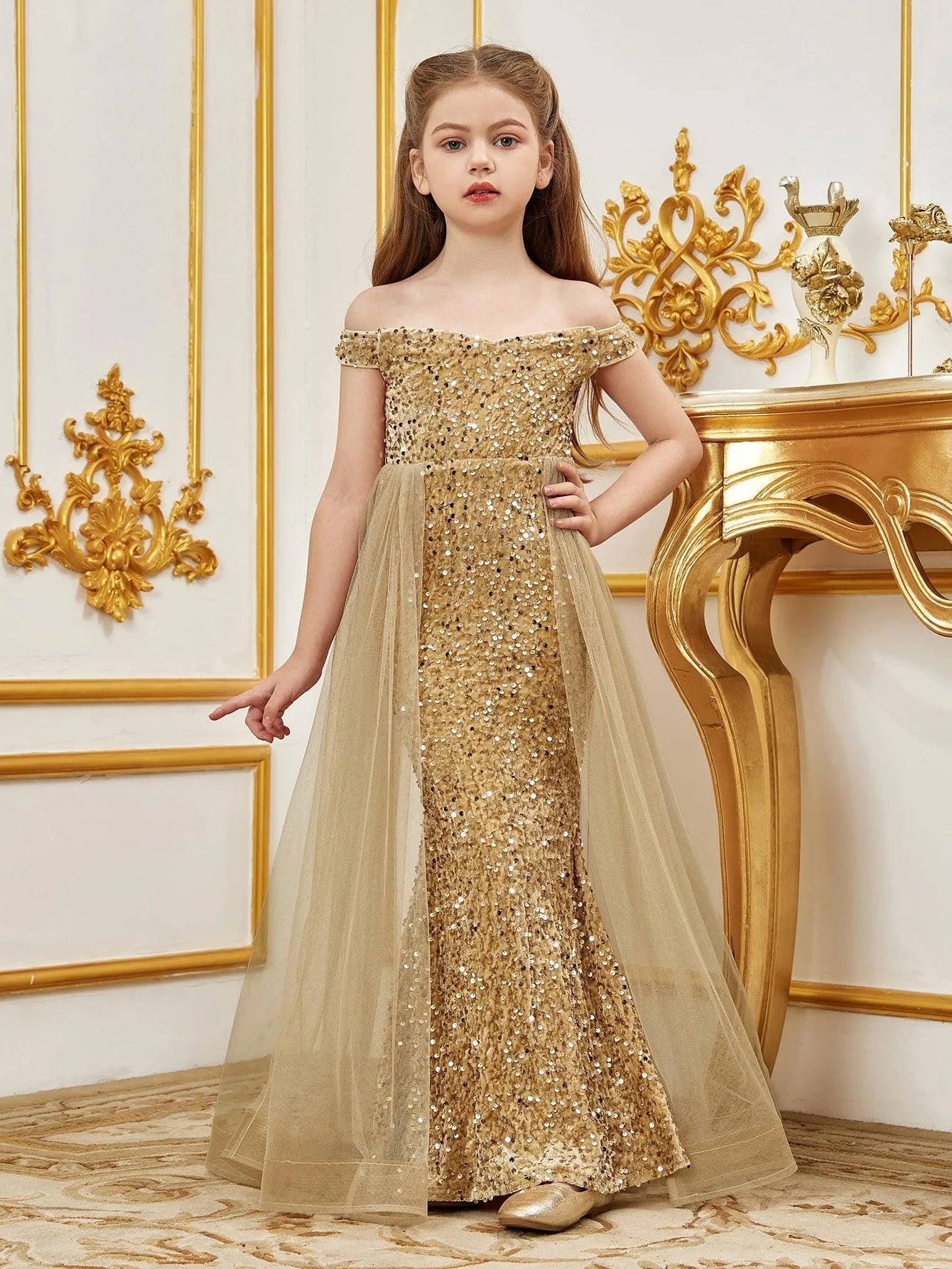 Alternate view of Mesh Overlay Off-Shoulder Sequin Mermaid Short-Sleeve Maxi Tween Girls' Party Dress in Champagne