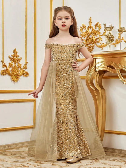 Alternate view of Mesh Overlay Off-Shoulder Sequin Mermaid Short-Sleeve Maxi Tween Girls' Party Dress in Champagne