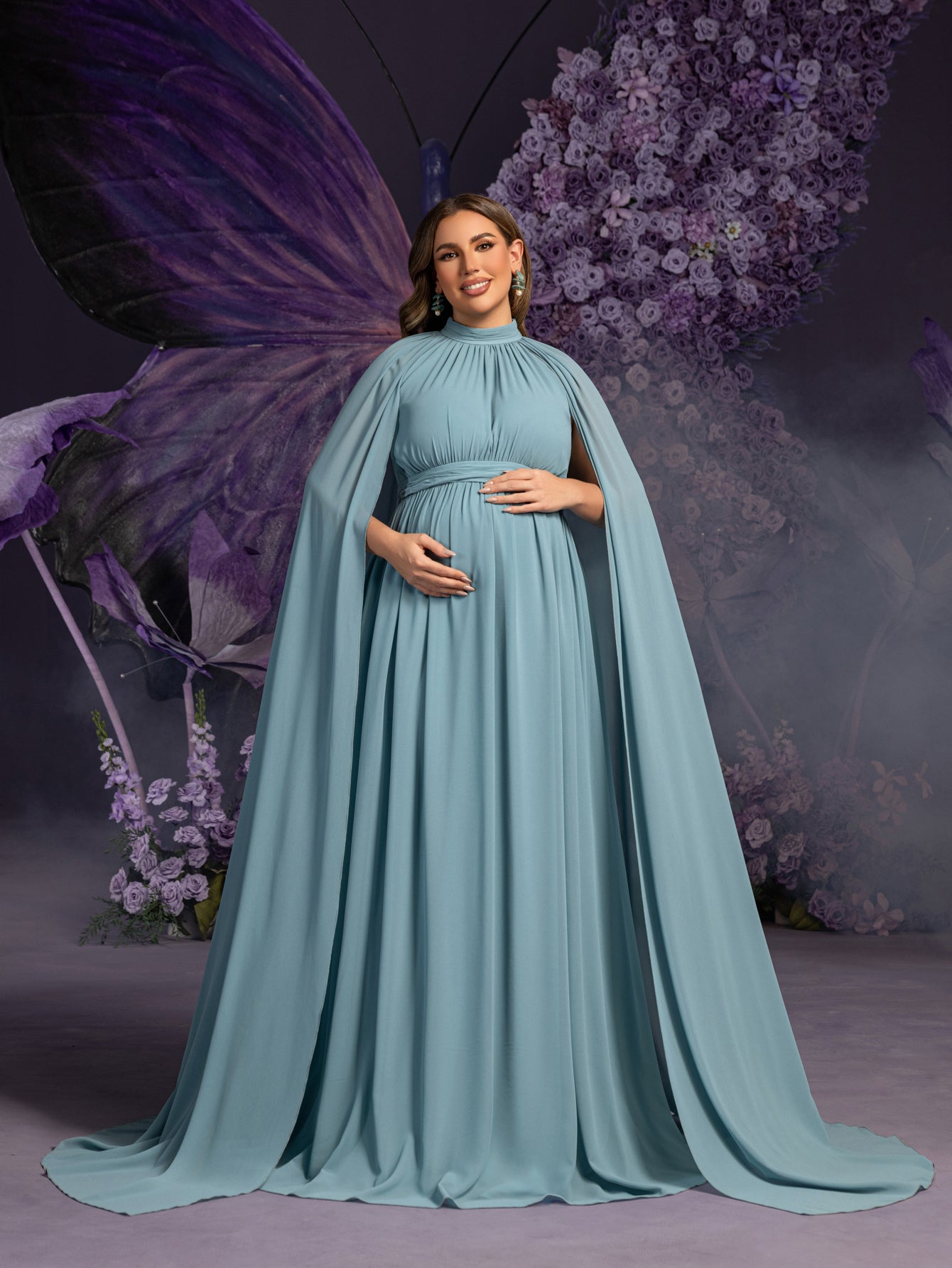 Cape-Sleeve Plus-Size Mock-Neck Chiffon A-Line Maternity Evening Dress in Teal Blue