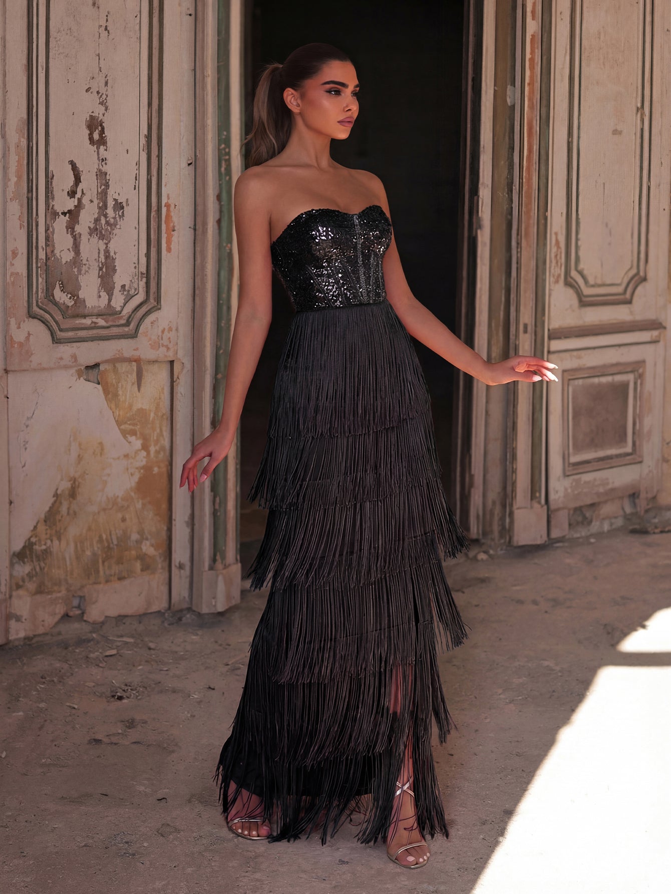 Sparkling Sequin & Fringe Maxi Dress | Strapless Sweetheart Neckline, High Side Slit, Open Back | Glam Evening Gown for Parties, Galas, Prom