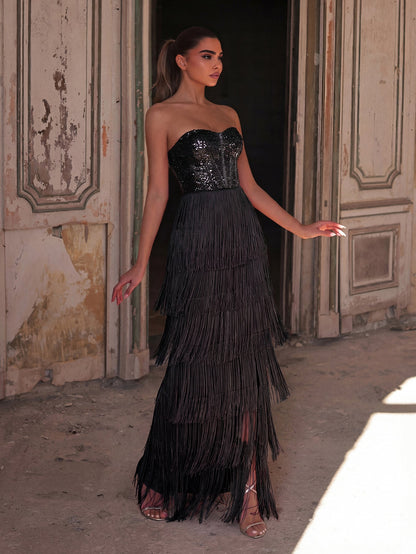 Sparkling Sequin & Fringe Maxi Dress | Strapless Sweetheart Neckline, High Side Slit, Open Back | Glam Evening Gown for Parties, Galas, Prom