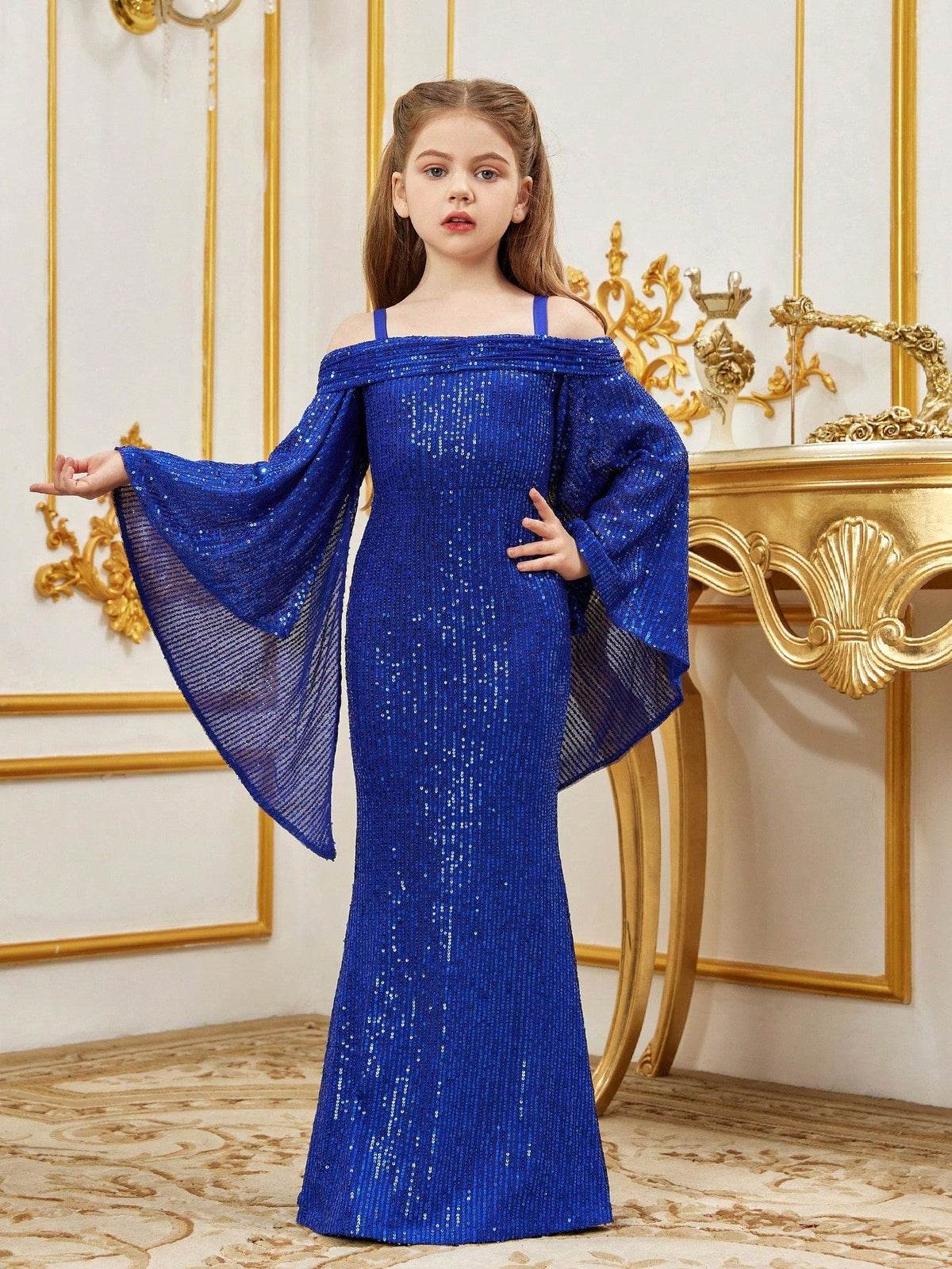 Alternate view of Cold-Shoulder Flare-Sleeve Off-Shoulder Sequin Mermaid Tween Girls' Party Dress in Royal Blue