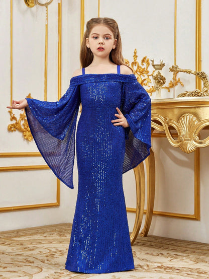Alternate view of Cold-Shoulder Flare-Sleeve Off-Shoulder Sequin Mermaid Tween Girls' Party Dress in Royal Blue