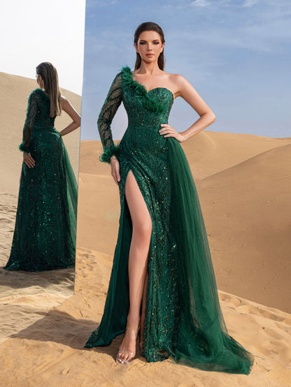 Dark green one-shoulder beaded mermaid evening gown, full-length views
