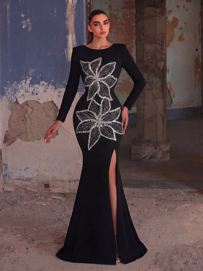 Sequin Floral Embellished Gown | High Neck Long Sleeve Maxi Dress with V-Back & High Side Slit | Formal Evening Dress for Parties, Galas, Proms