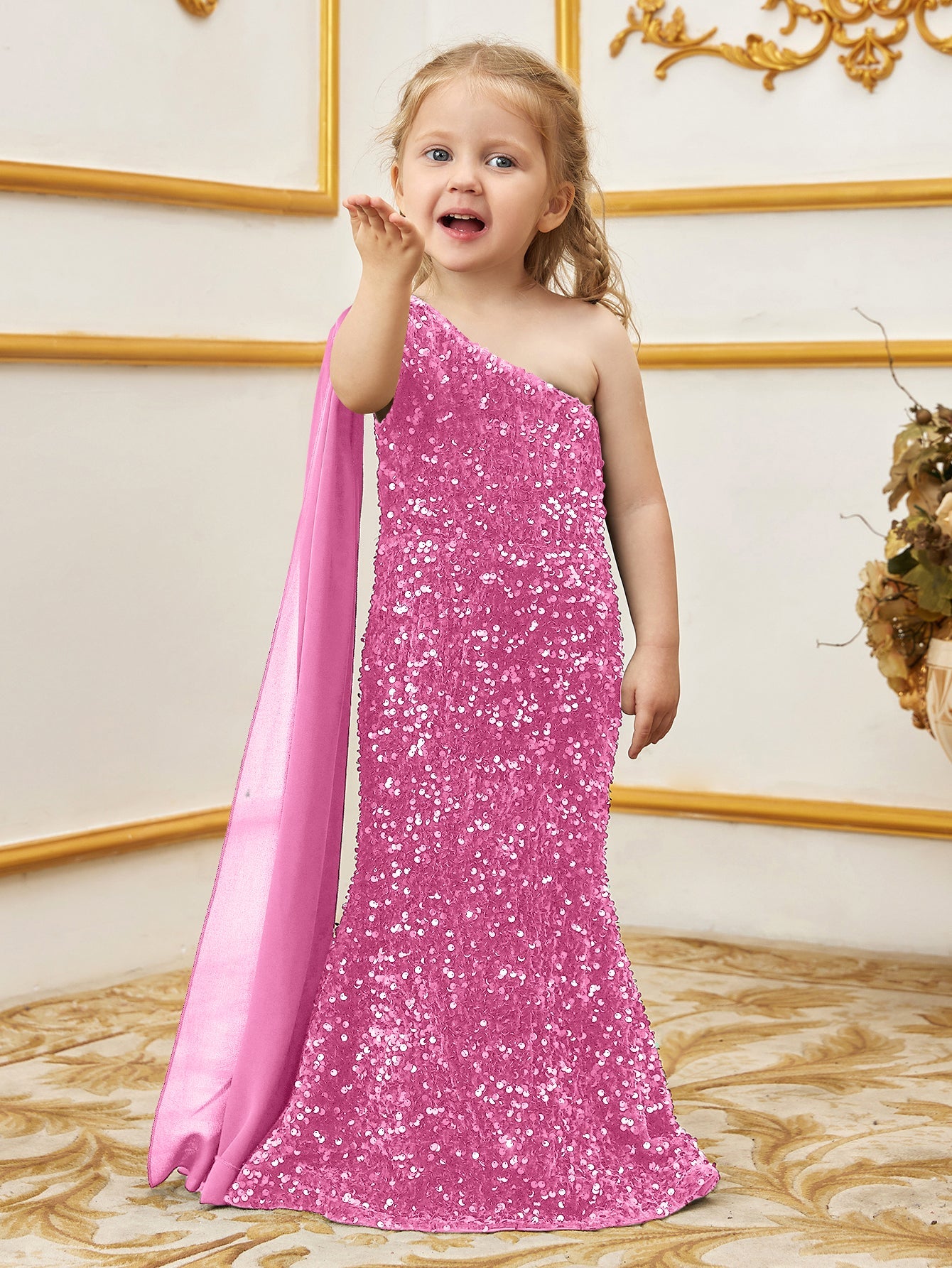 Alternate view of Draped Side One-Shoulder Sequin Mermaid Sleeveless Young Girls' Party Dress in Pink