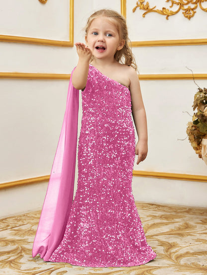 Alternate view of Draped Side One-Shoulder Sequin Mermaid Sleeveless Young Girls' Party Dress in Pink