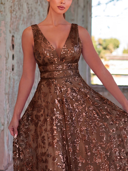 Plunging Neck Sleeveless Embroidered Sequin Dresses