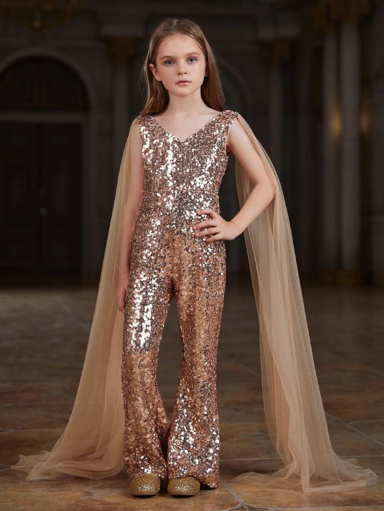 Additional product view of Cloak-Sleeve V-Neck Sequin Tween Girls' Party Jumpsuit