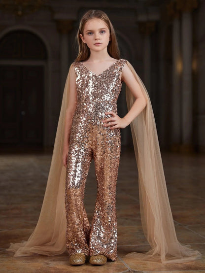 Additional product view of Cloak-Sleeve V-Neck Sequin Tween Girls' Party Jumpsuit