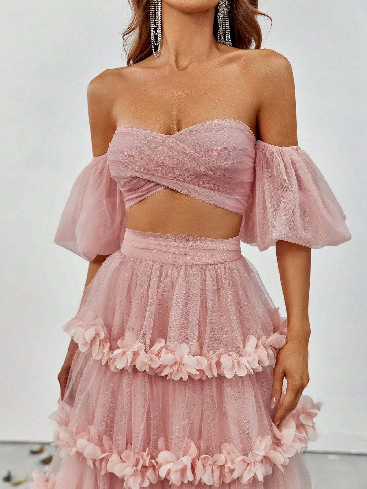 Off-Shoulder Puff Sleeve Crop Top & Frill Trim Mesh Skirt – view 6