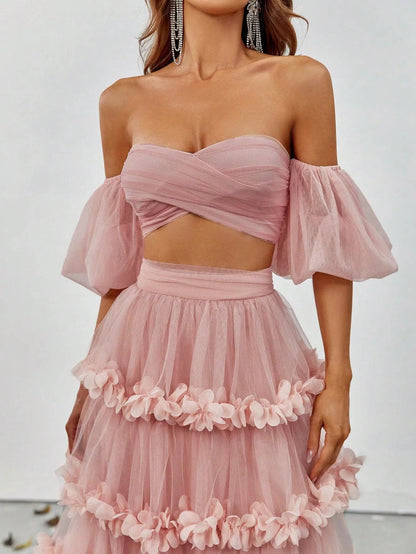 Off-Shoulder Puff Sleeve Crop Top & Frill Trim Mesh Skirt – view 6
