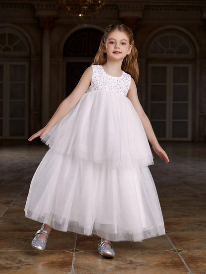 Additional product view of Layered Hem Sequin A-Line Sleeveless Mesh Tween Girls' Party Dress