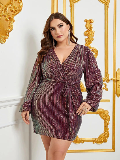 Alternate view of Surplice-Neck Belted Plus-Size V-Neck Sequin Mini Party Dress in Burgundy