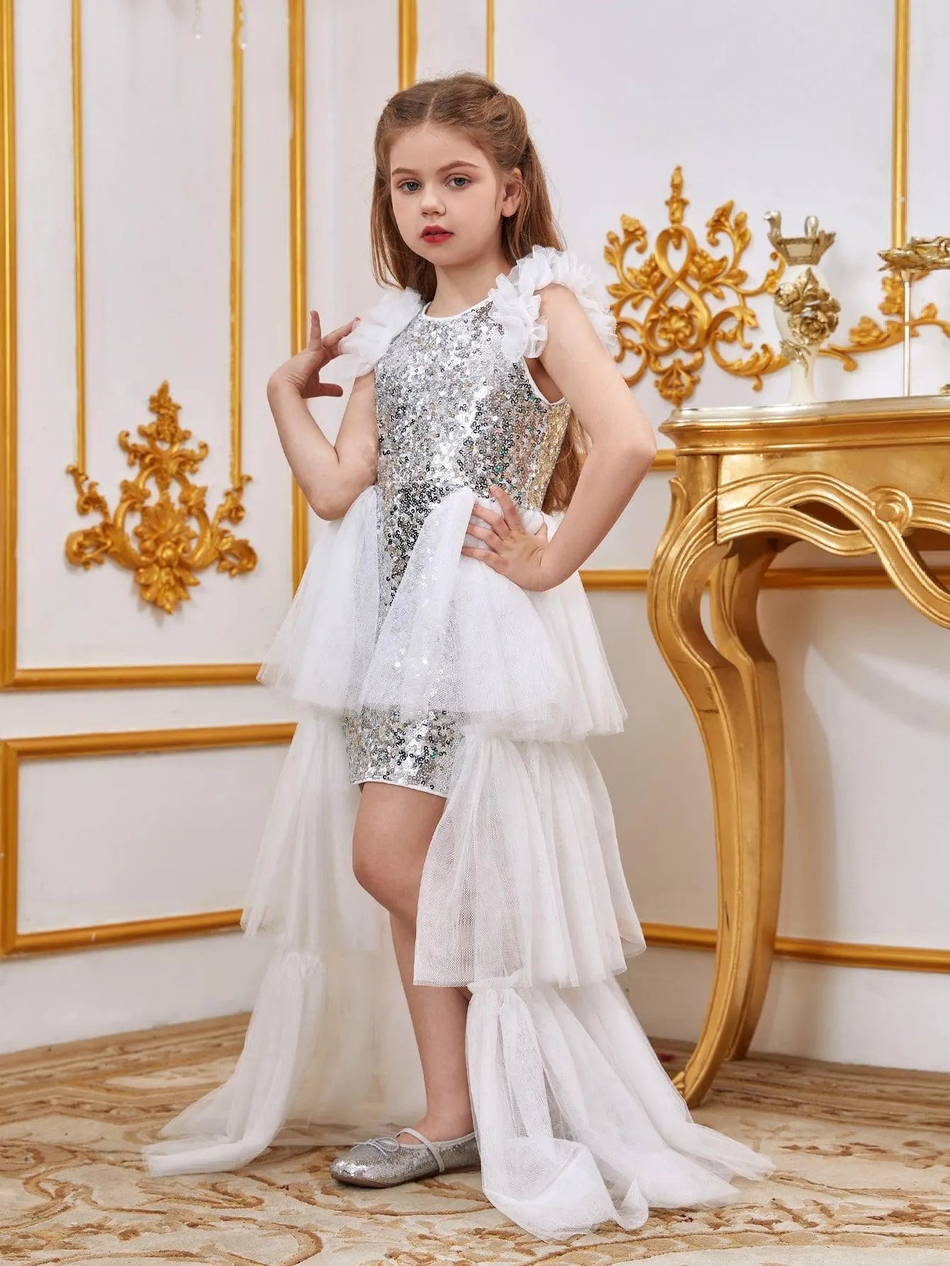 Additional product view of Layered Hem Sequin A-Line Sleeveless Mesh Midi Tween Girls' Party Dress
