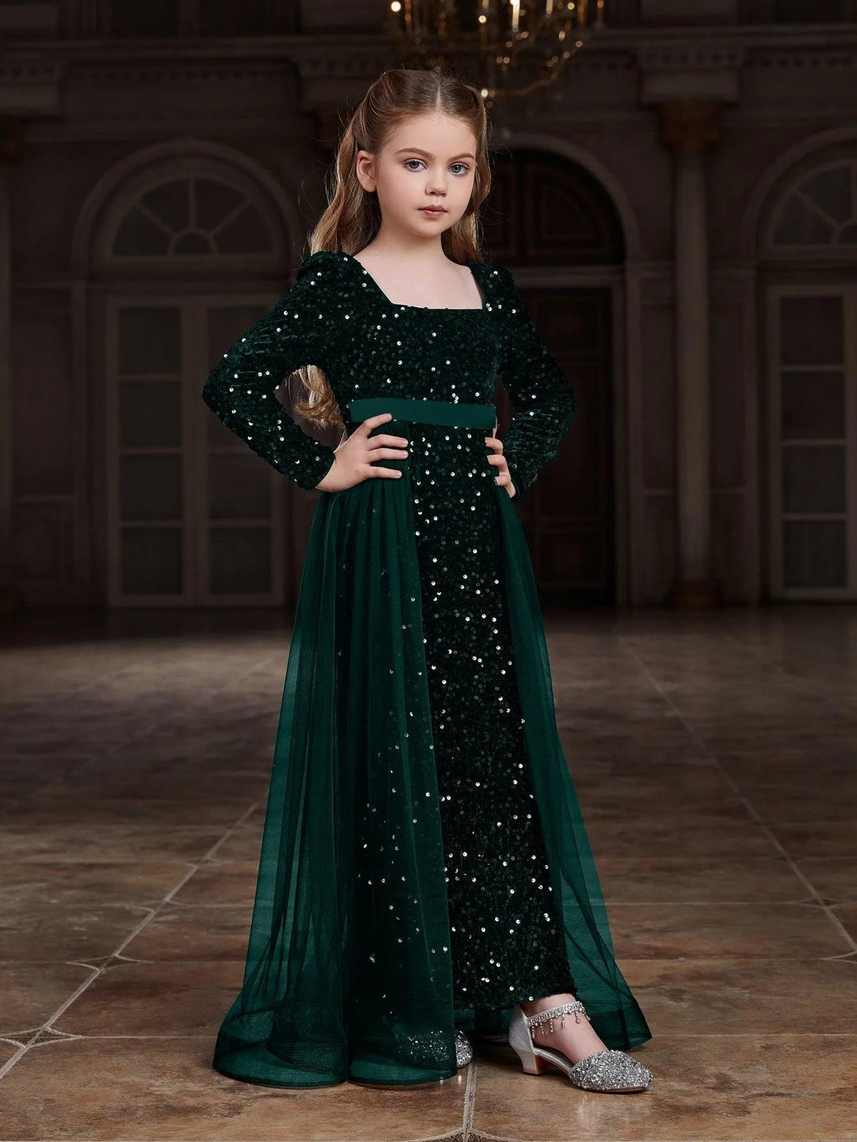 Additional product view of Square-Neck Sequin Mermaid Long-Sleeve Maxi Tween Girls' Party Dress