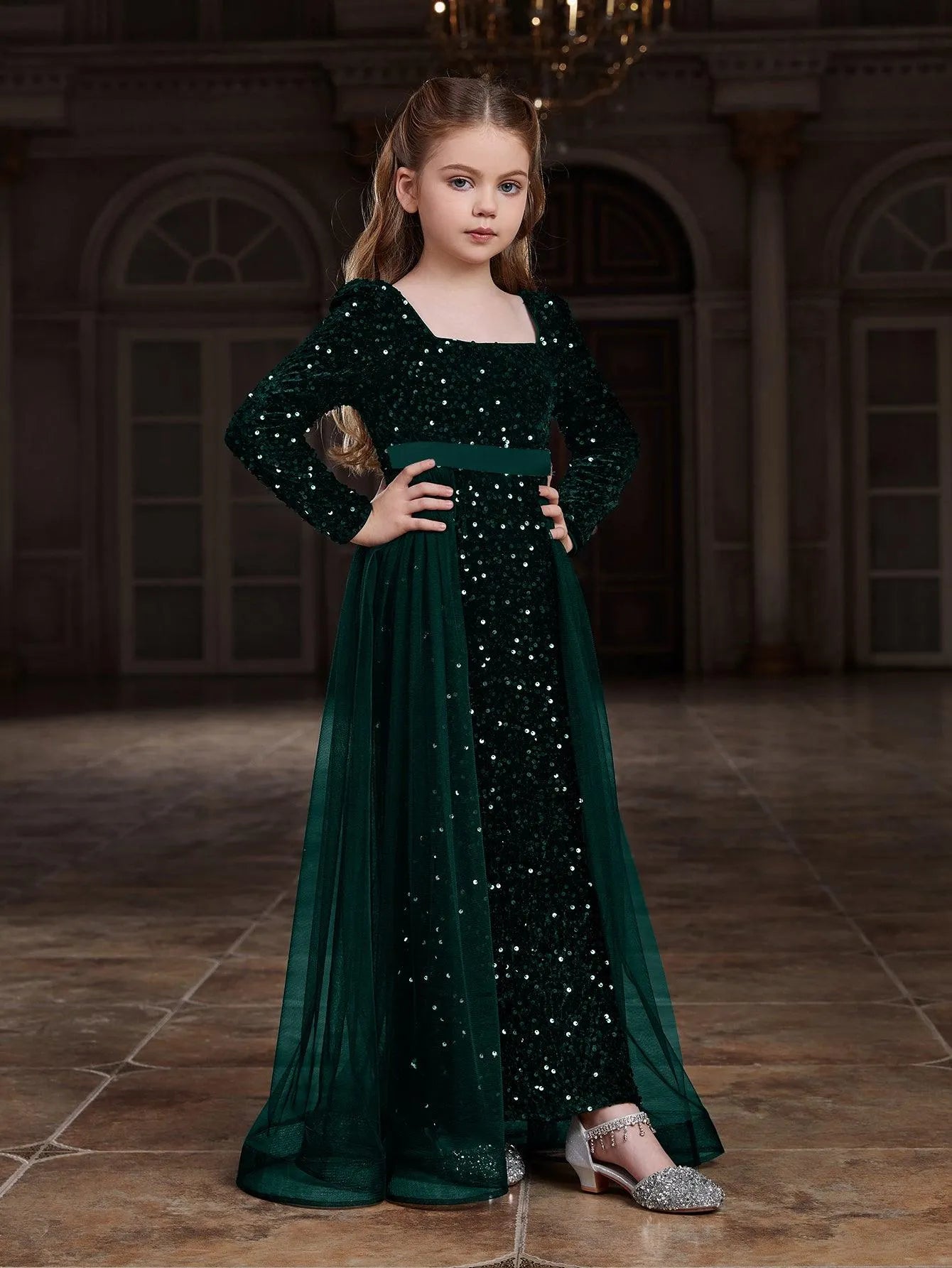 Additional product view of Square-Neck Sequin Mermaid Long-Sleeve Maxi Tween Girls' Party Dress