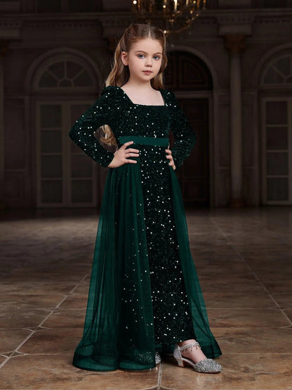 Additional product view of Square-Neck Sequin Mermaid Long-Sleeve Maxi Tween Girls' Party Dress
