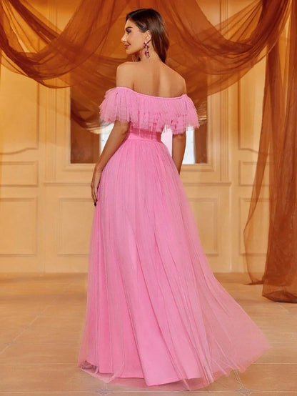 Additional product view of Ruffle Trim High-Slit Off-Shoulder Mesh A-Line Evening Gown