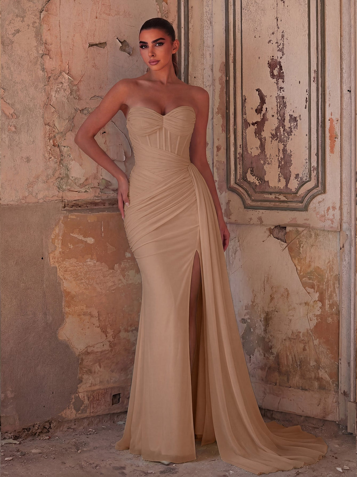 Elegant Strapless Sweetheart Neckline Mermaid Gown with Ruched Bodice, High Front Slit and Corset Back Lace-Up Detail | Evening Dress for Girls, Weddings, Formal Events