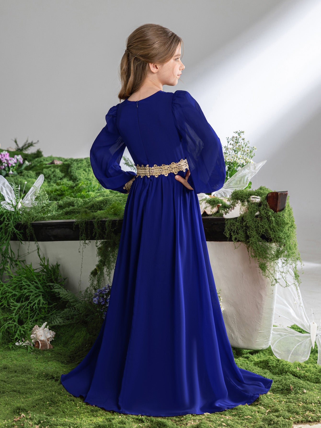 Tween Girls' Lace Trim Decoration V-neck Bishop Sleeves Chiffon Party Dress – view 14