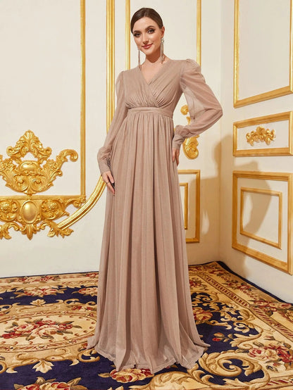 Alternate view of V-Neck Chiffon A-Line Long-Sleeve Maxi Evening Gown in Champagne