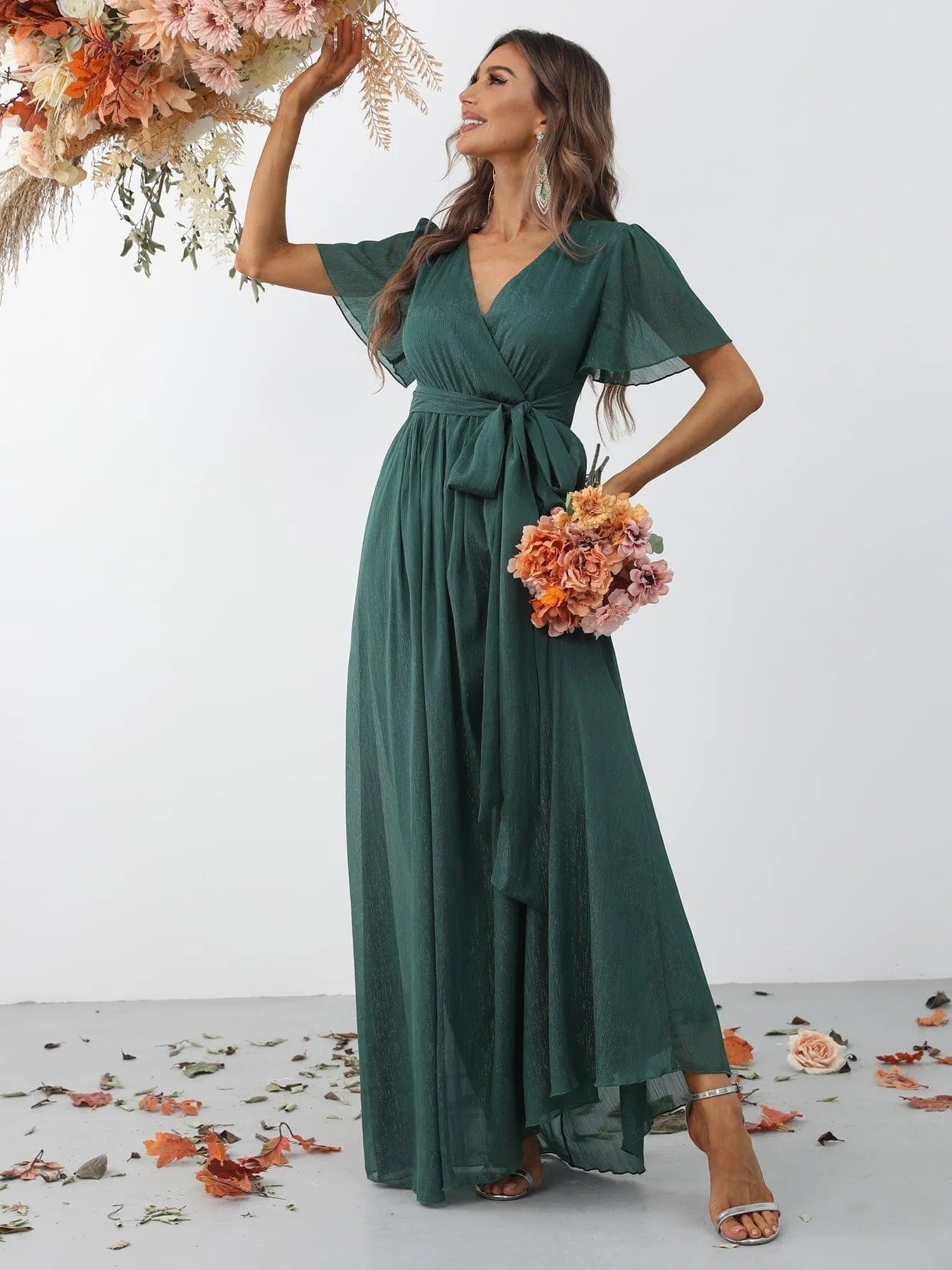 Additional product view of Belted V-Neck Chiffon A-Line Short-Sleeve Maxi Formal Dress