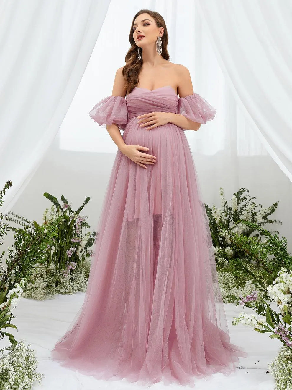 Additional product view of Mesh Overlay Puff-Sleeve Off-Shoulder A-Line Maxi Maternity Evening Dress