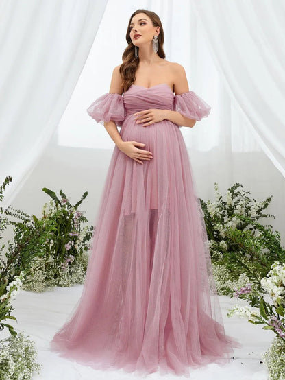 Additional product view of Mesh Overlay Puff-Sleeve Off-Shoulder A-Line Maxi Maternity Evening Dress