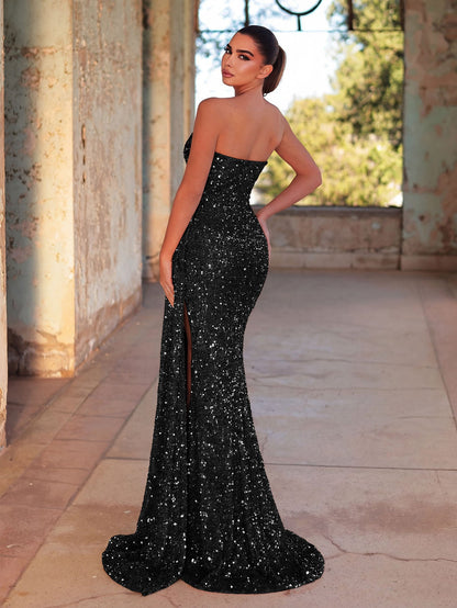 Additional product view of High-Slit Strapless Sequin Mermaid Sleeveless Evening Gown