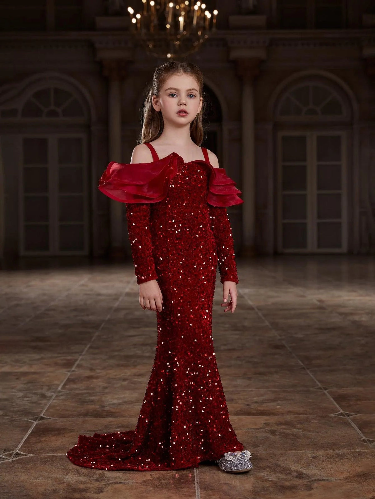 Additional product view of Ruffle Trim Off-Shoulder Sequin Mermaid Long-Sleeve Tween Girls' Party Dress