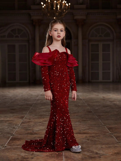 Additional product view of Ruffle Trim Off-Shoulder Sequin Mermaid Long-Sleeve Tween Girls' Party Dress
