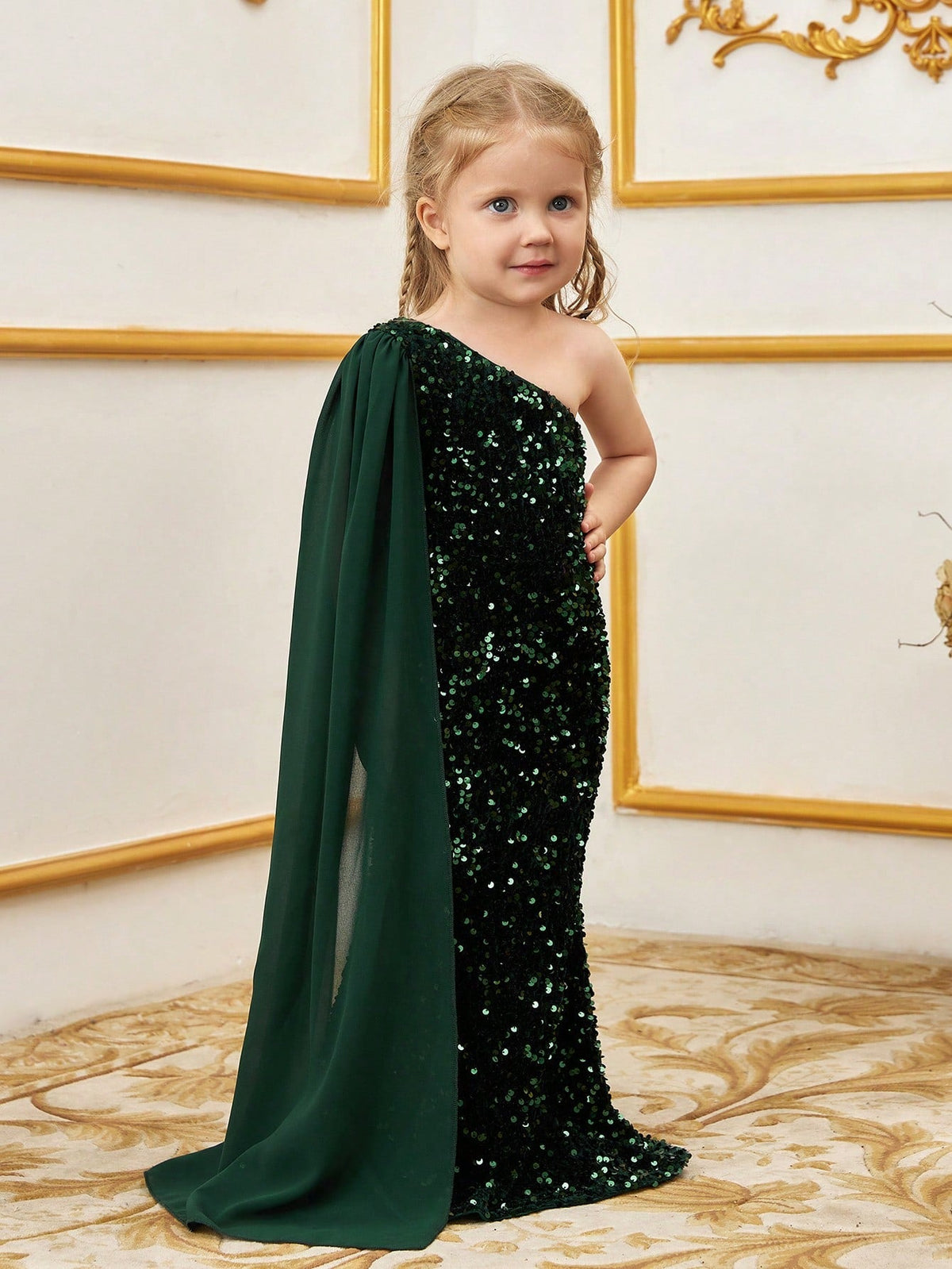 Additional product view of Draped Side One-Shoulder Sequin Mermaid Sleeveless Young Girls' Party Dress