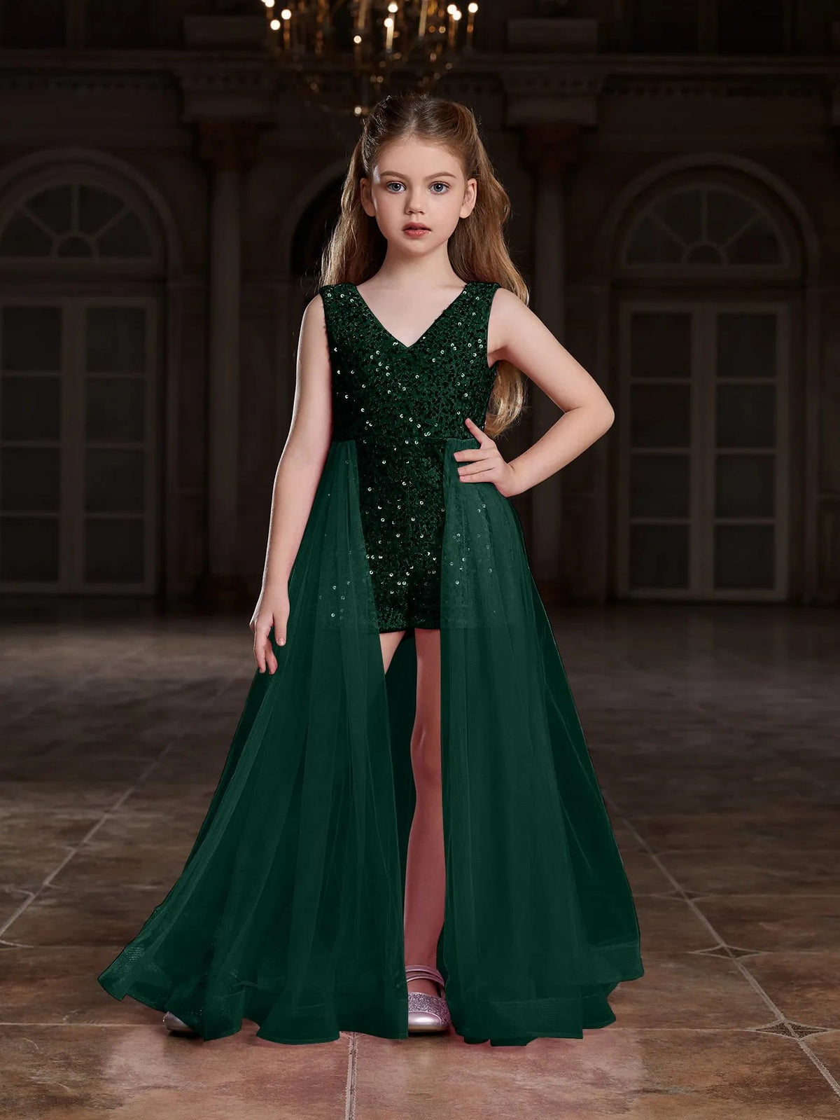 Additional product view of Mesh Overlay V-Neck Sequin Sleeveless Tween Girls' Formal Romper