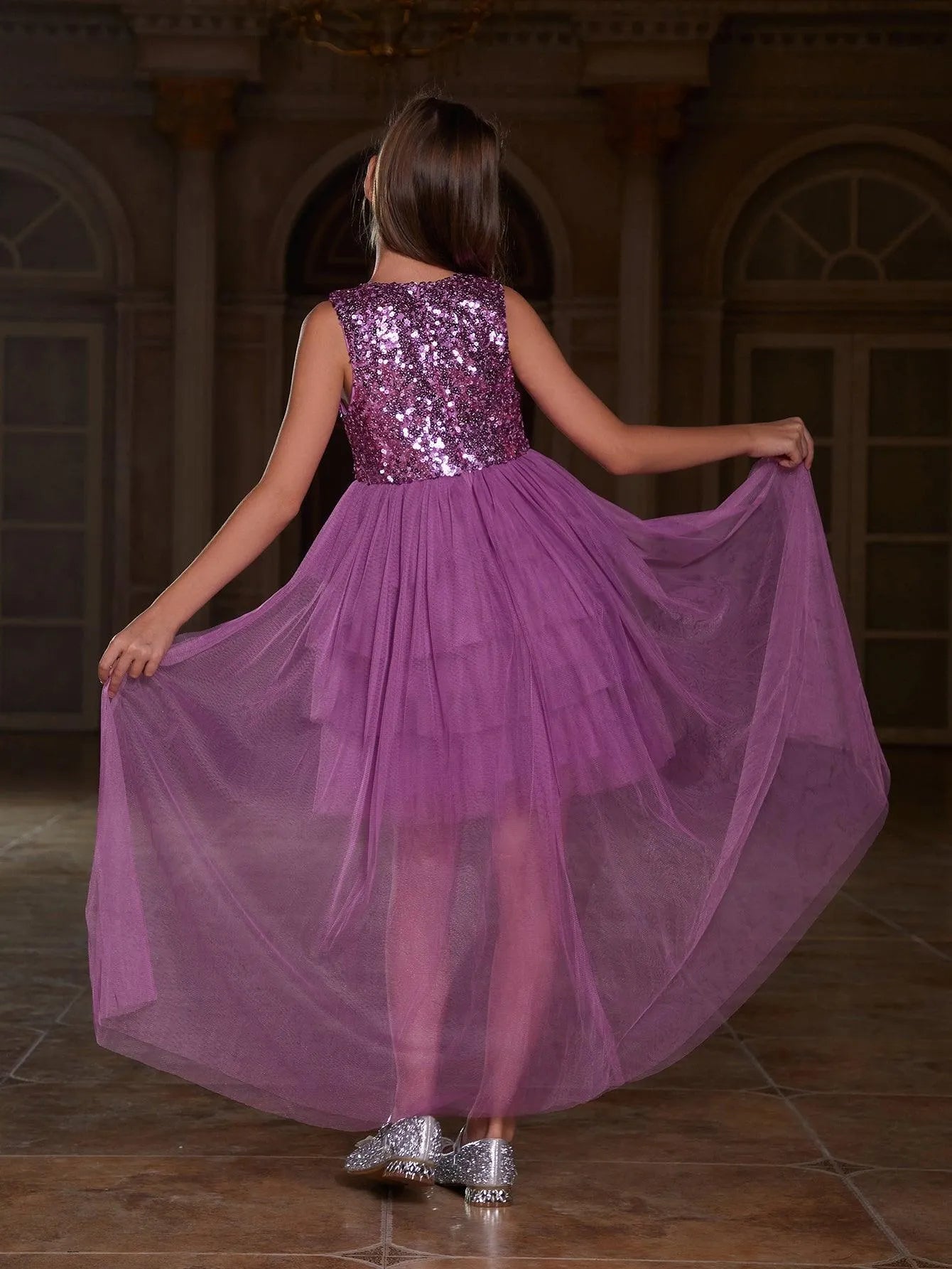 Additional product view of Layered Hem Sequin A-Line Sleeveless Mesh Round Neck Tween Girls' Party Dress