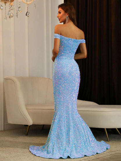 Additional product view of High-Slit Off-Shoulder Sequin Mermaid Short-Sleeve Evening Gown