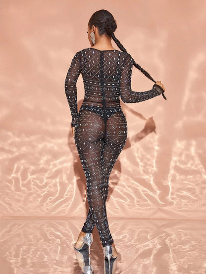 Chic Rhinestone Detail Plunging Neck Sheer Mesh Jumpsuit – view 2