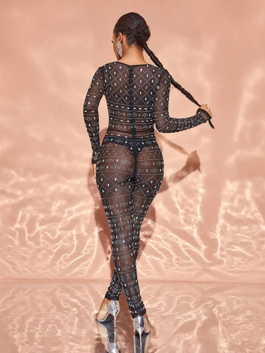 Chic Rhinestone Detail Plunging Neck Sheer Mesh Jumpsuit – view 2